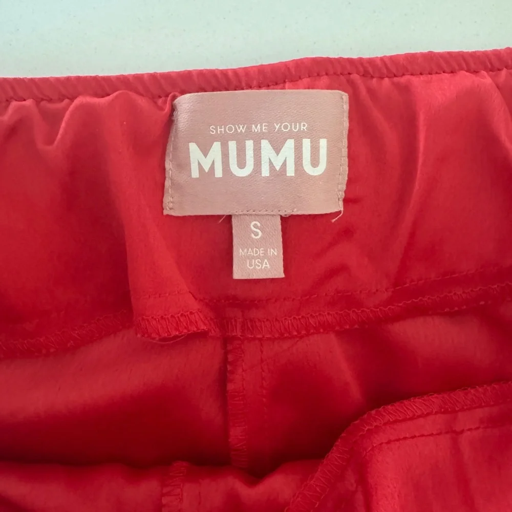 Show Me Your MuMu Shimmering Red Mini Skirt & Oversized Red Satin Button Blouse - Picture 3 of 7